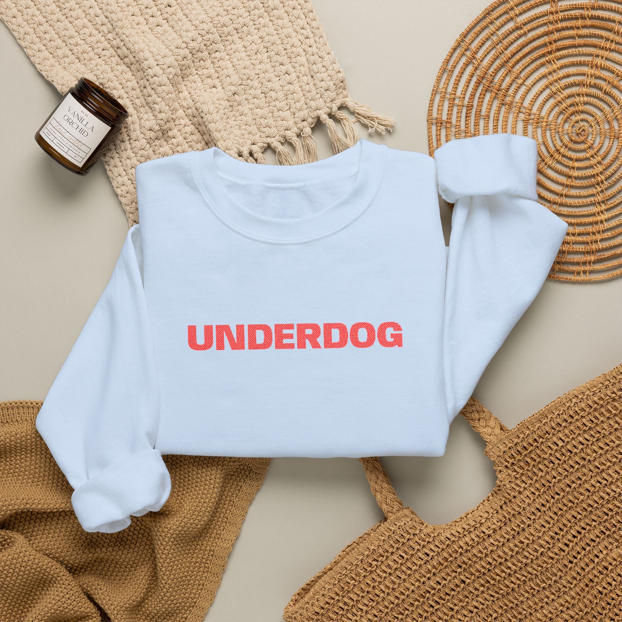 Underdog Crewneck Sweatshirt — Retro Red Text Graphic