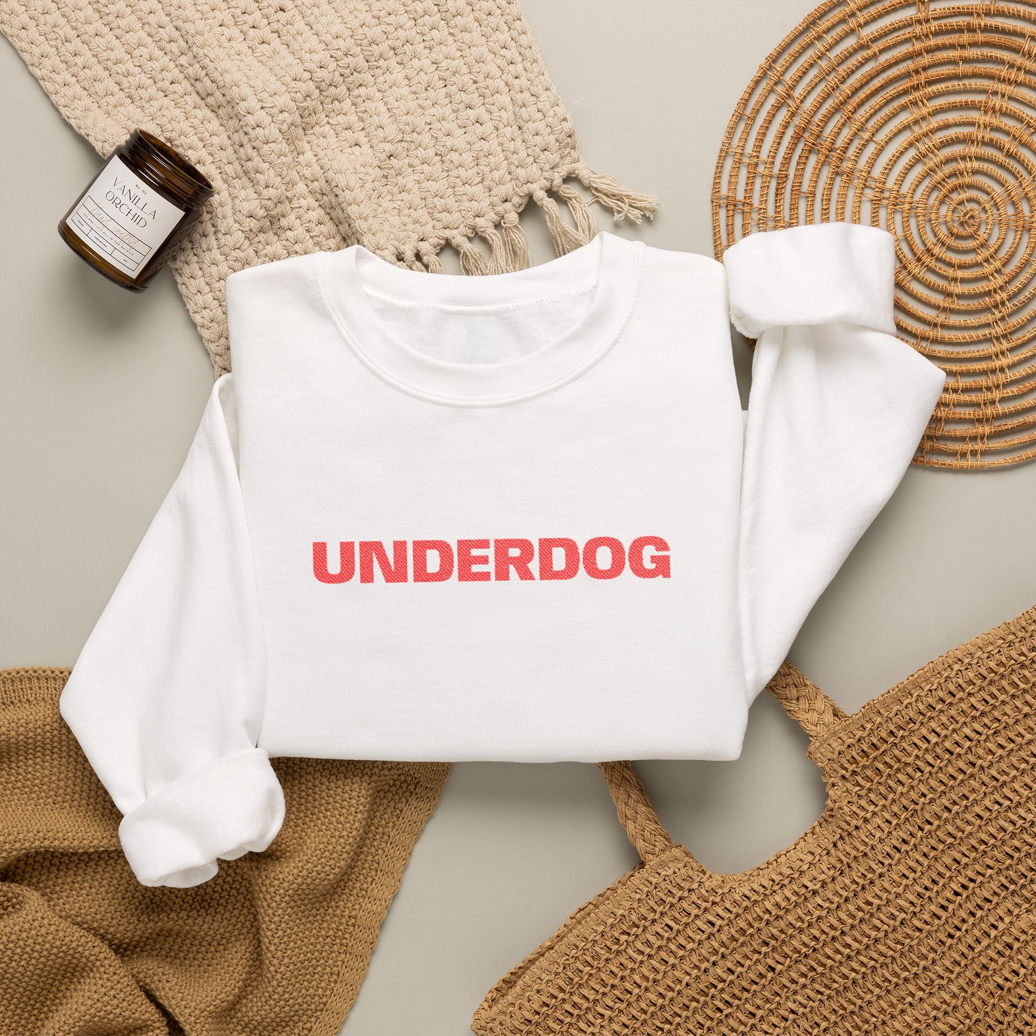 Underdog Crewneck Sweatshirt — Retro Red Text Graphic